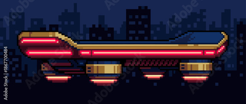 Pixel art futuristic hovercraft with glowing red neon lights and gold details flies through a dark cityscape in a retro video game aesthetic