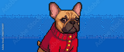 Pixel art French bulldog character wearing a cozy red sweater with golden buttons sits with a slightly grumpy expression in a retro 8-bit video game aesthetic