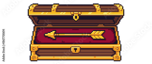 Pixel art treasure chest holding a single golden arrow on a red velvet lining, representing a rare video game loot item, prize, or quest reward in a fantasy adventure setting
