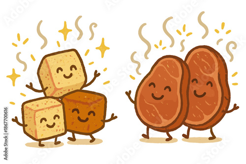 Browning Delight Doodle. Cheerful doodle caramelization and Maillard reaction illustration with happy browning sugar cubes,