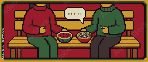 Two pixel art figures in cozy sweaters sitting on a wooden bench eating watermelon and sunflower seeds while having a quiet, awkward conversation
