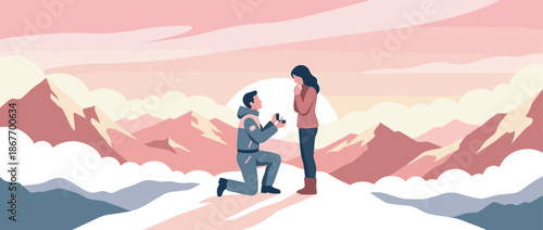 Man in a blue winter suit kneels to propose with an engagement ring to a surprised woman on a snowy mountain peak during a romantic pink sunrise in a flat vector illustration style