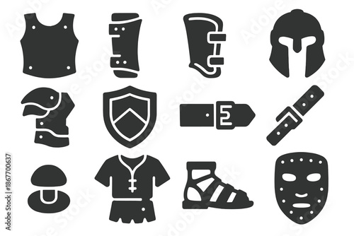 Leather Armor Icons. Solid style icons of Leather Armor: Breastplate, Bracer, Greave, Helmet, Shoulder Guard, Shield, Belt, Strap,