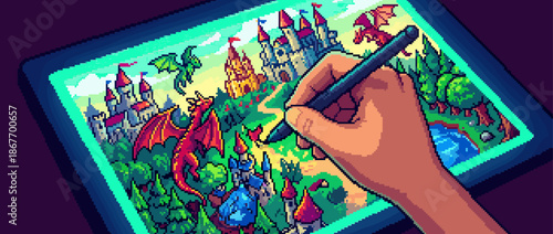 Creative artist's hand uses a stylus to draw a vibrant fantasy pixel art world with dragons, knights, and castles on a glowing digital graphics tablet screen