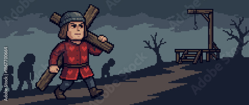 Medieval man in pixel art style carrying a large wooden cross walks a grim path toward a gallows in a somber, 8-bit video game scene with following silhouettes