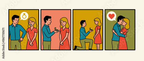 Four-panel comic book style illustration depicting a romantic marriage proposal story, from the man's idea to him kneeling with a ring and the couple happily embracing
