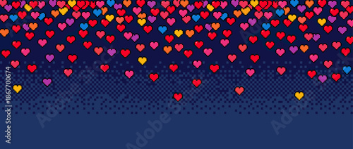 Many colorful pixel art hearts falling down in a vibrant 8-bit pattern, creating a romantic and nostalgic scene with a retro video game aesthetic for a digital celebration