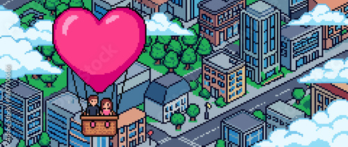 Pixel art heart-shaped hot air balloon carrying a romantic couple flies over a detailed isometric cityscape in a charming retro 8-bit video game style illustration