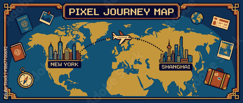 Pixelated world map illustration showing an international flight route between two city skylines, with travel elements like a passport and compass in a vintage video game aesthetic