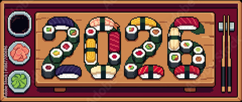 Various sushi rolls and nigiri creatively arranged to spell out the year 2026 on a wooden serving board, a retro 8-bit pixel art illustration for a New Year celebration