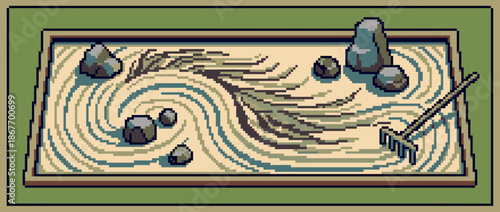 Pixel art miniature Zen garden with raked sand patterns, smooth stones, and a small rake in a retro 8-bit video game style illustration for meditation and tranquility concepts