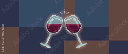 Two pixel art wine glasses filled with red wine are clinking together in a celebratory toast with a retro 8-bit video game aesthetic and muted color palette