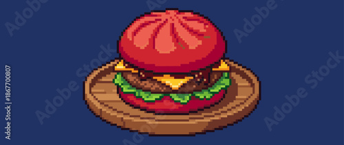 Pixel art burger with red bao buns, melted cheese, and lettuce served on a wooden plate in a retro 8-bit video game style illustration with an isometric perspective