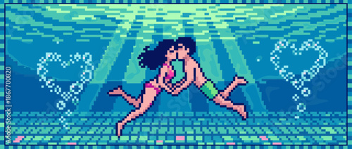 Pixel art couple in swimwear kissing underwater in a romantic 8-bit video game style scene with heart-shaped bubbles and sunlight filtering through the blue water