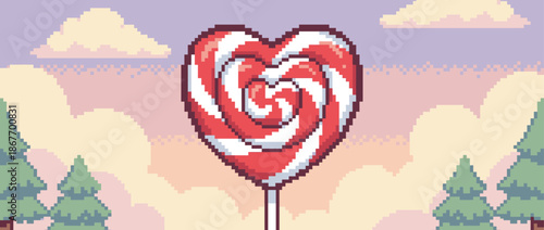 Heart-shaped red and white lollipop pixel art illustration with a swirled pattern, set in a dreamy pastel landscape with trees and clouds in a retro 8-bit video game style