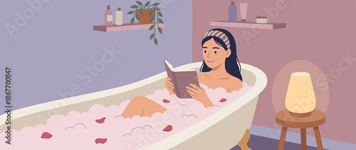 Serene young woman with a headband reading a book while relaxing in a clawfoot tub filled with pink foam and flower petals in a cozy bathroom illustration
