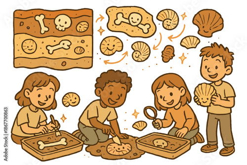 Cheerful Fossil Workshop. Friendly doodle fossil recovery workshop with happy students, cartoon sediment layers floating, smiling