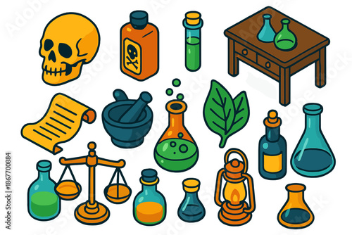 Vintage Toxicology Icons. Isometric vector illustration set Vintage Toxicology: skull symbol, poison container, antidote phial,