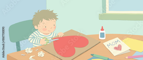 Sweet illustrated boy in a striped shirt sits at a desk, carefully cutting a red paper heart with scissors for a handmade card in a charming, heartwarming scene