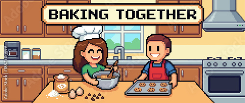 Pixel art illustration of a happy couple baking cookies together in a cozy kitchen, with the woman mixing dough and the man holding a tray, in a retro 8-bit video game style