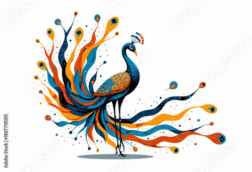 Illustrated Peacock with Extravagant Colorful Feathers Displaying Intricate Patterns and Elegant Details Set Against a White Background