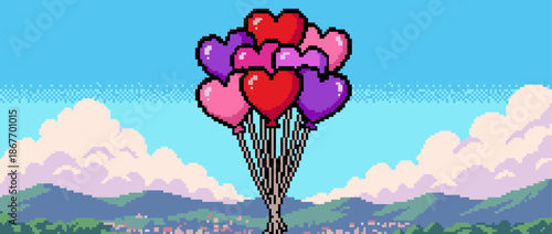Pixel art bunch of red, pink, and purple heart-shaped balloons floating over a scenic mountain landscape with a small village under a blue sky with fluffy clouds in a retro 8-bit style
