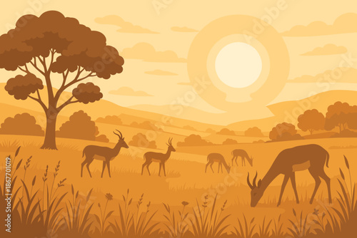 Sunrise in Countryside. Scenic countryside field at sunrise with grazing antelope, soft golden tones vector illustration and a