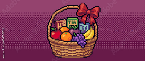 Pixel art wicker gift basket filled with fresh fruit and tea boxes, decorated with a large red bow in a charming retro 8-bit video game aesthetic