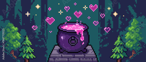 Pixel art purple cauldron bubbling with a magical pink love potion releases heart-shaped steam in an enchanted forest, creating a whimsical 8-bit video game scene