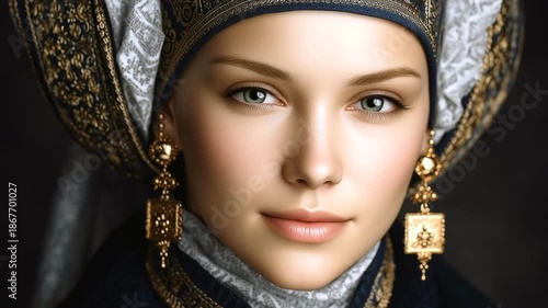 Sophisticated female wearing ornate Russian kokoshnik, golden earrings, looking directly forward with soft blinking against deep shadowy studio setting