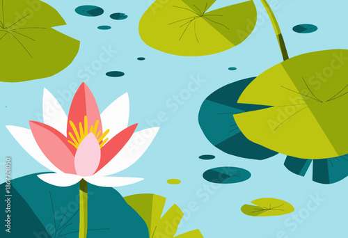 Vibrant Water Lily Floating Amidst Lush Green Lily Pads in a Serene Pond on a Sunny Day