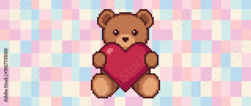 Cute brown pixel art teddy bear holding a big red heart in a sweet retro 8-bit video game style, a lovely character illustration for a romantic Valentine's Day greeting