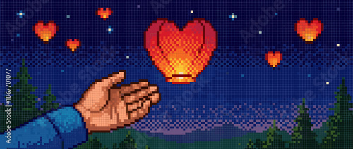 Pixel art hand releasing a glowing heart-shaped sky lantern into a starry night sky above a forest, creating a romantic and hopeful scene with a retro video game aesthetic