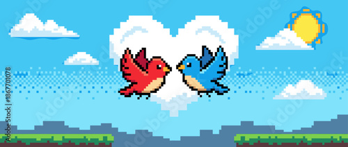 Two cute pixel art birds, red and blue, fly towards each other in front of a heart-shaped cloud in a romantic retro 8-bit video game style landscape with a bright sun