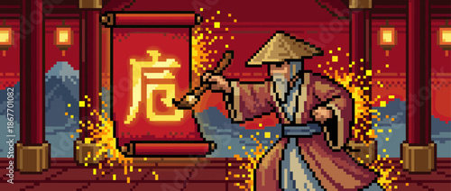 Elderly Asian sage with a long beard performs magical calligraphy on a red scroll in a pixel art style, creating glowing sparks inside a traditional temple with lanterns