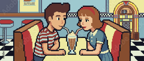 Pixel art couple sharing a milkshake on a romantic date in a retro 1950s diner with a jukebox, showcasing a nostalgic and sweet scene from a vintage video game