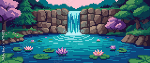 Pixel art landscape of a tranquil waterfall cascading into a serene pond with floating water lilies and lush green trees, rendered in a retro 8-bit video game aesthetic