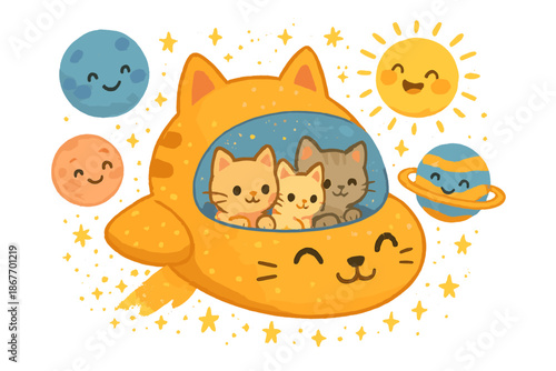 Catship in Space. Spaceship shaped like a cat head piloted by kittens, surrounded by joyful planets and stardust No text, No