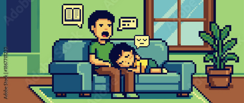 Loving pixel art father reading a bedtime story to his sleeping child on a comfortable sofa in a warm and inviting living room with retro 8-bit video game styling