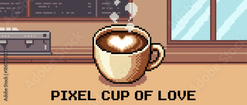 Pixel art cup of steaming coffee with romantic heart-shaped latte art on a counter in a cozy, nostalgic 8-bit video game style coffee shop