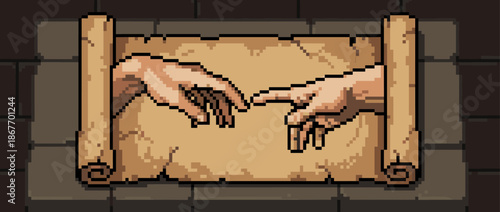 Pixel art illustration of two hands reaching for each other in a famous creation gesture, depicted on an ancient, weathered scroll in a nostalgic 16-bit style