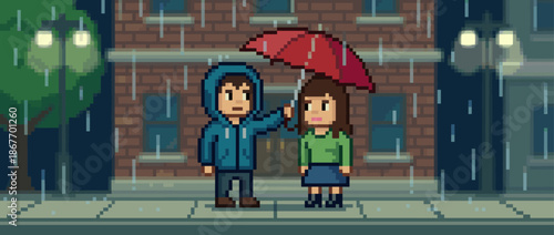 Pixelated romantic couple standing on a city sidewalk at night, with the man in a blue hoodie holding a red umbrella to shelter the woman from the rain