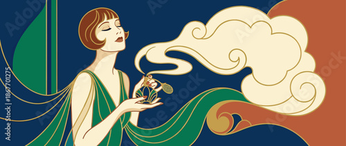 Elegant woman in Art Deco style with a bob haircut sprays a vintage perfume atomizer, creating a swirling cloud of scent in a glamorous and sophisticated vector illustration