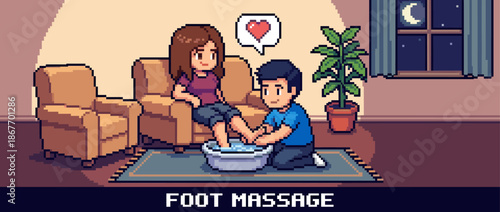Caring pixel art man giving a relaxing foot massage to a woman on a sofa in a cozy living room, illustrating a romantic and loving moment between a couple at night