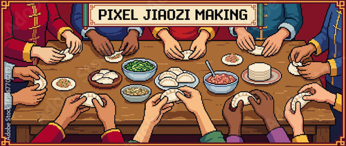 Vibrant pixel art illustration of diverse hands making traditional jiaozi dumplings together at a wooden table during a festive cultural gathering