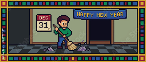 Pixel art character holding a broom sweeps the floor on New Year's Eve, with a calendar showing December 31 and a festive banner in a retro 8-bit video game style