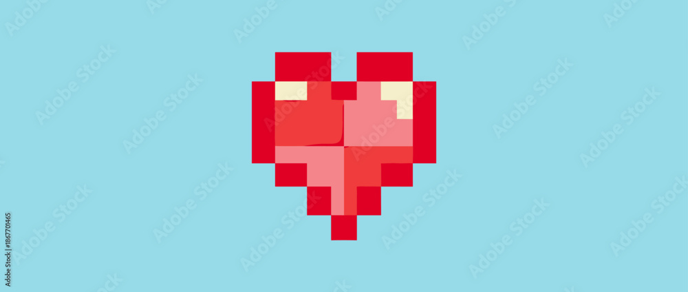 Fototapeta premium Pixelated red heart with pink shading in a retro 8-bit style symbolizes love, health, and life, reminiscent of a classic vintage video game graphic
