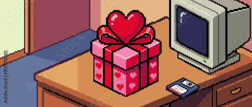 Romantic pink gift box decorated with hearts and a large red bow sits on a wooden desk next to a vintage computer in a nostalgic pixel art illustration