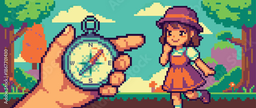 Pixel art illustration of a hand holding a vintage compass, guiding a smiling young girl in a hat and dress on a sunny day adventure in the woods