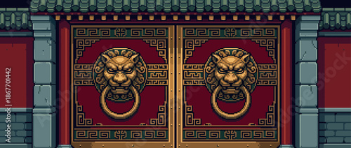 Ornate red and gold traditional temple doors with golden lion head knockers and intricate geometric patterns in a detailed 8-bit pixel art style